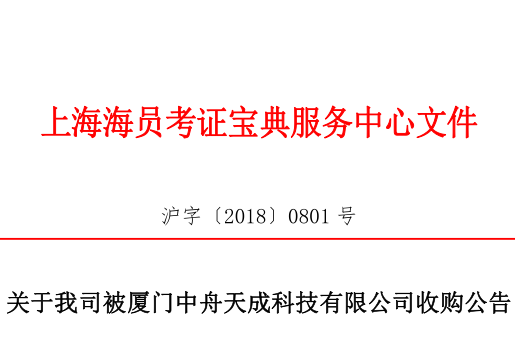 关于我司被厦门中舟天成科技有限公司收购公告